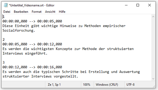 Screenshot einer srt.Datei in Texteditor